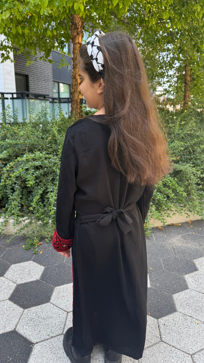 Kids Palestinian Thobe Traditional Dress | Black with Red Tatreez Embroidery – Sizes Toddler to Youth
