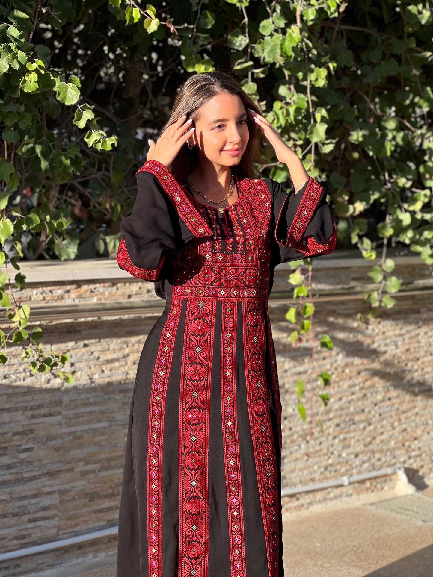 Palestinian Thobe Traditional Dress | Black with Red Tatreez Embroidery for Adults