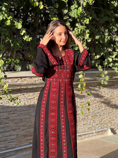 Palestinian Thobe Traditional Dress | Black with Red Tatreez Embroidery for Adults