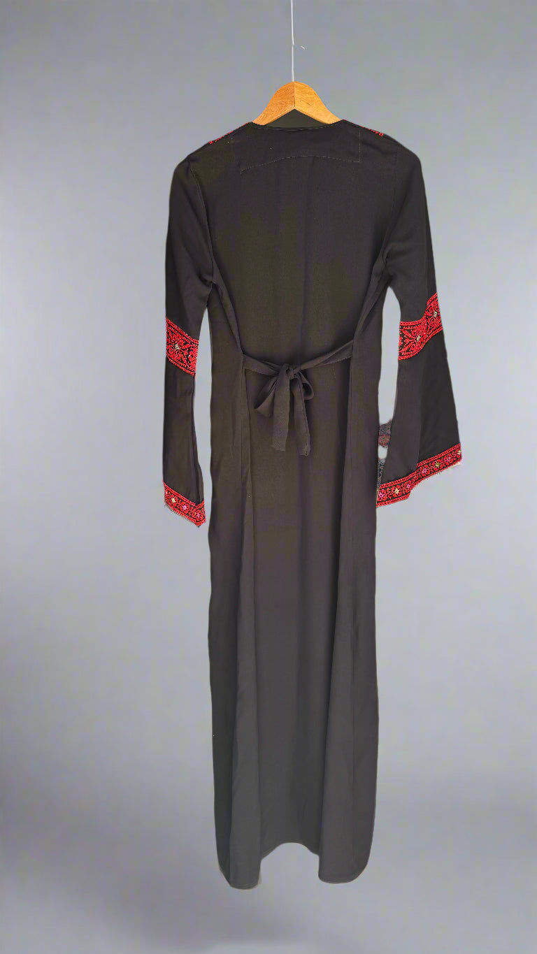 Palestinian Thobe Traditional Dress | Black with Red Tatreez Embroidery for Adults