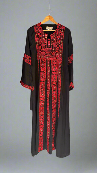 Palestinian Thobe Traditional Dress | Black with Red Tatreez Embroidery for Adults