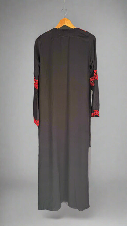 Palestinian Thobe Traditional Dress | Black with Red Tatreez Embroidery for Adults